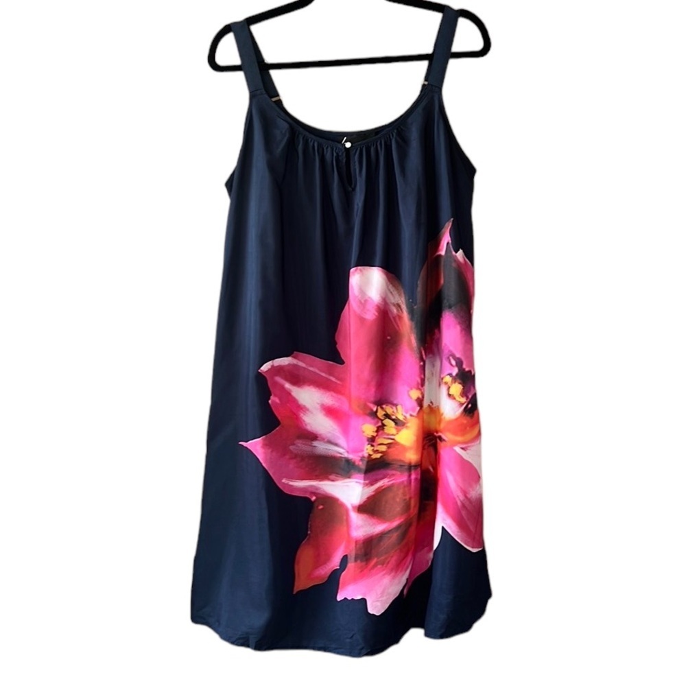 Lane Bryant Shift Midi Dress Gathered Collar Bold Floral Print. Navy sz 14
